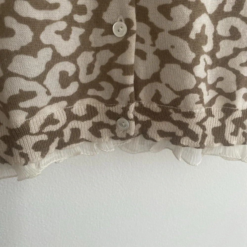 J Crew Animal‎ Print Merino Wool Cardigan Sweater Ruffle Trim Size XS